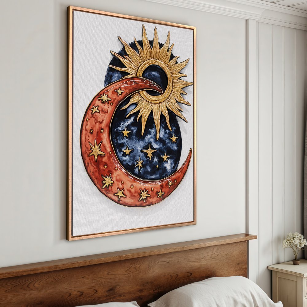 Framed Wall Art: Celestial sun and moon design in warm red, gold, and blue hues. Boho style Canvas Print adds a mystical touch to any space.