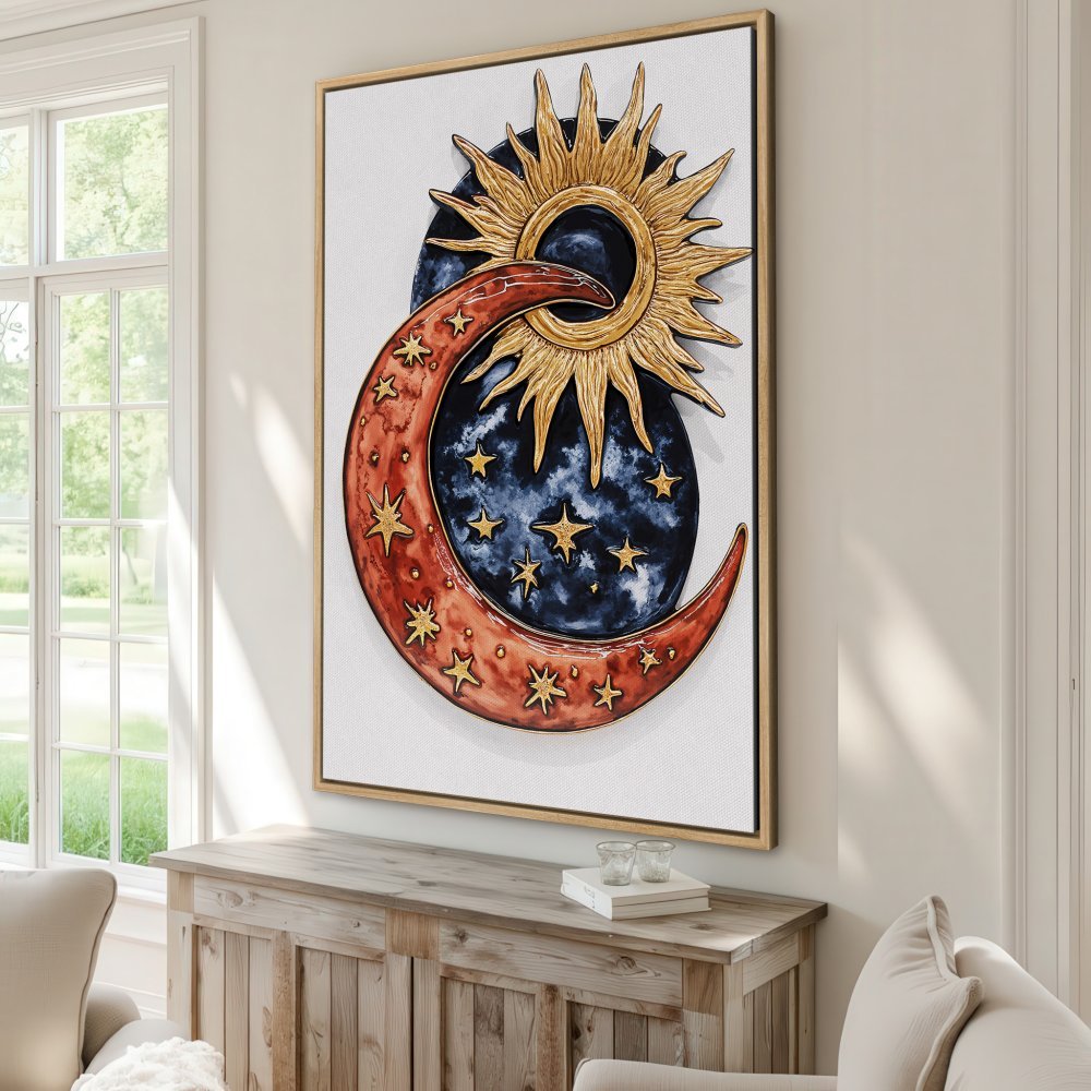 Framed Wall Art: Celestial design with sun, moon, and stars. Warm red, gold, and blue watercolor palette. Perfect for adding a touch of magic to your space!