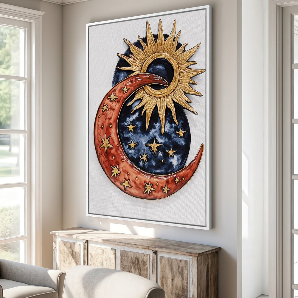Canvas Print: Celestial art featuring sun, moon & stars. Watercolor style, warm red, gold & blue palette. Perfect wall decor!