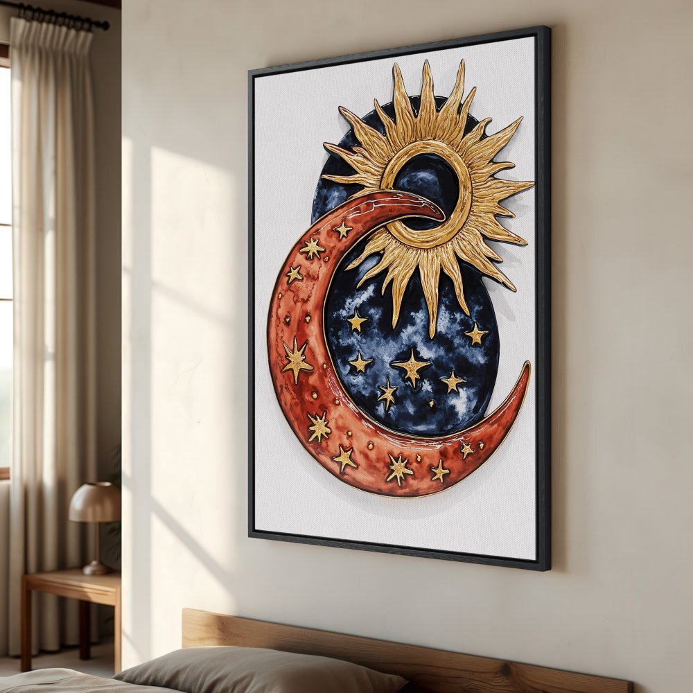 Framed Wall Art: Celestial watercolor print with sun, moon, and stars in warm red, gold, and blue tones. Perfect for adding a touch of magic to your space.