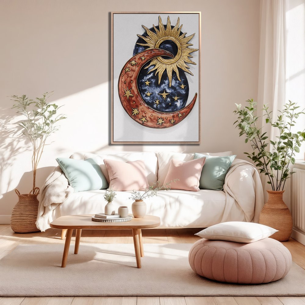Framed Wall Art: Celestial moon and sun art print in warm gold, red, and blue tones. Perfect for boho living room decor.