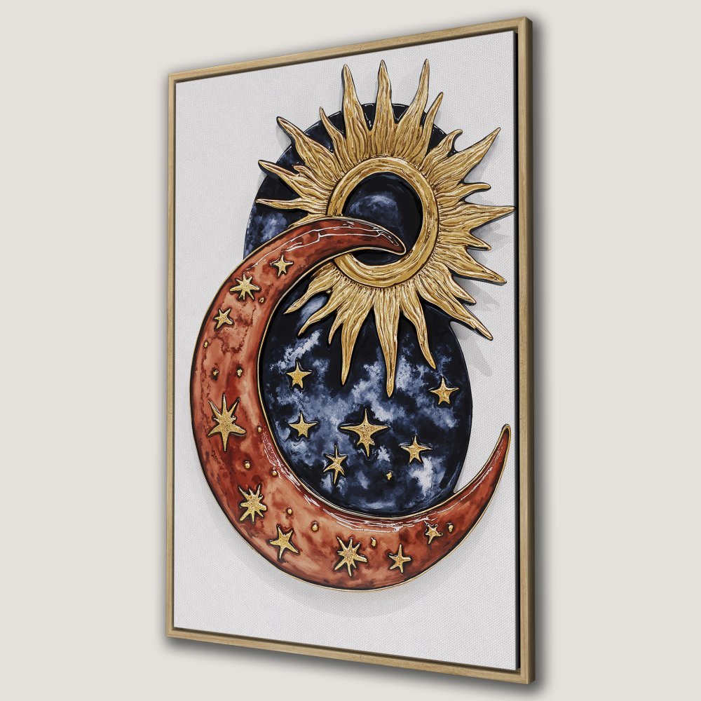Celestial Canvas Print featuring a sun, moon, and stars in a watercolor style. Warm gold, red, and blue color palette. Perfect for adding a touch of magic!