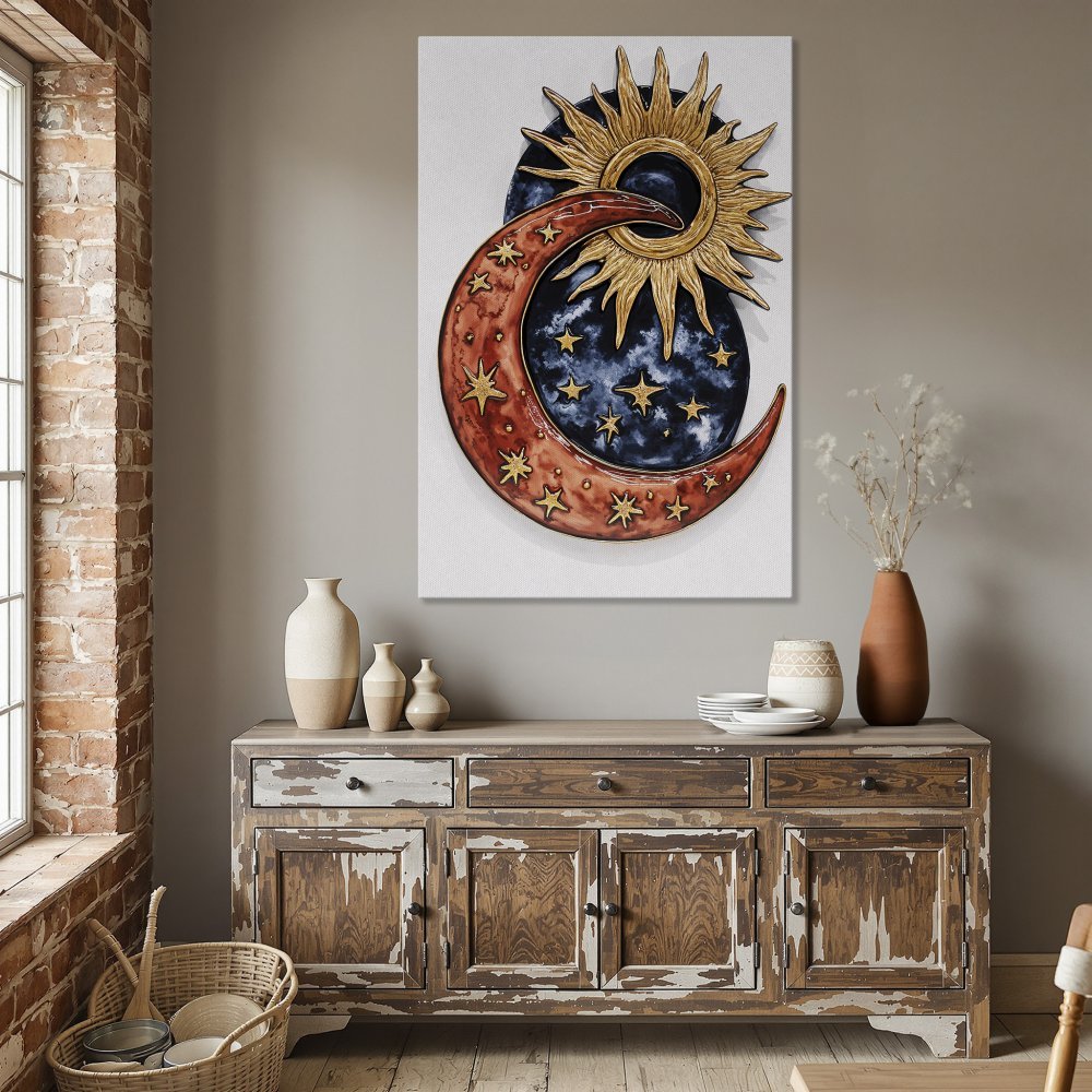 Framed Wall Art featuring a celestial design with sun, moon, and stars. Rich red, gold, and blue watercolor palette. Perfect for adding a touch of magic!