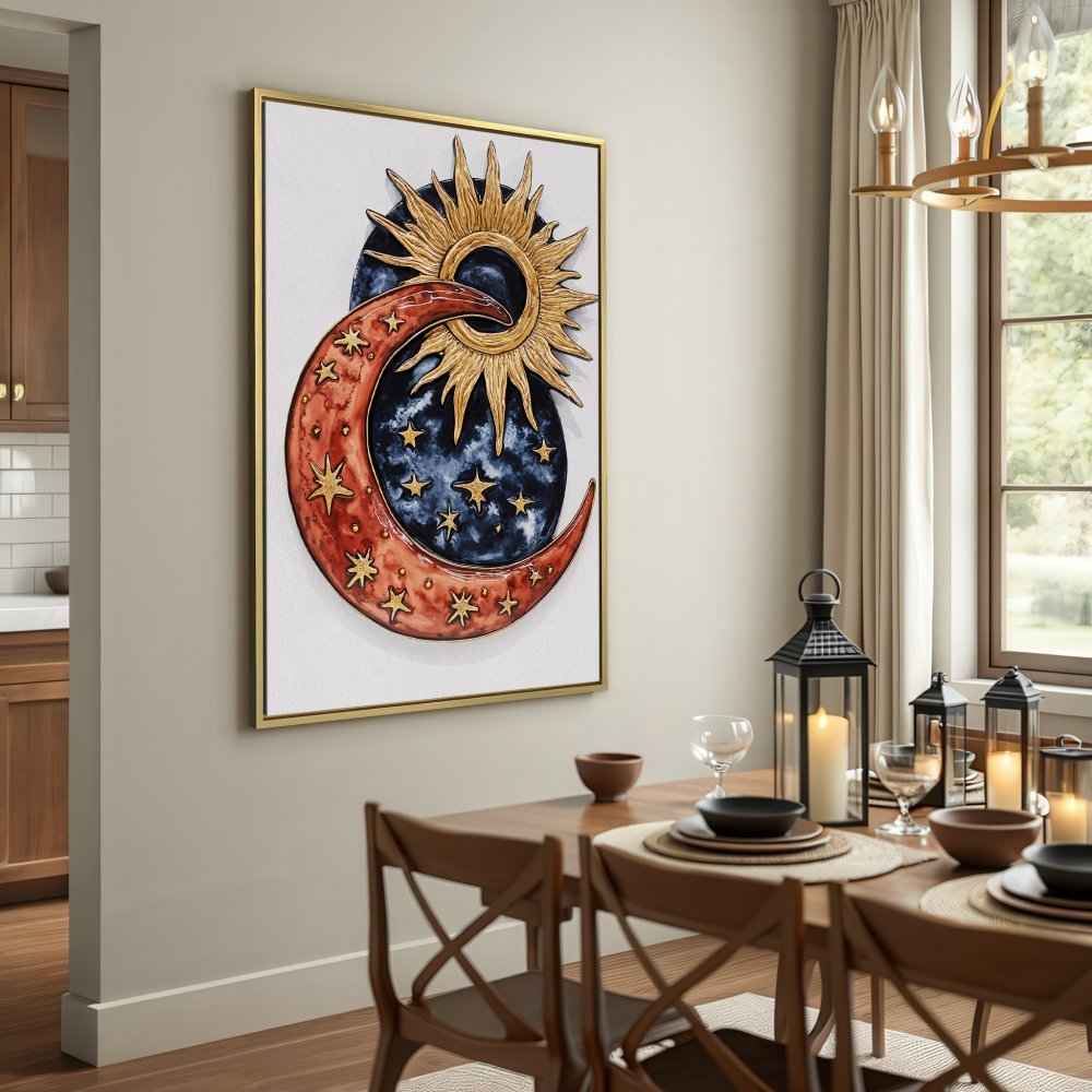 Celestial Canvas Print featuring a sun, moon, and stars in warm gold, red, and blue hues. Perfect wall art for boho decor.