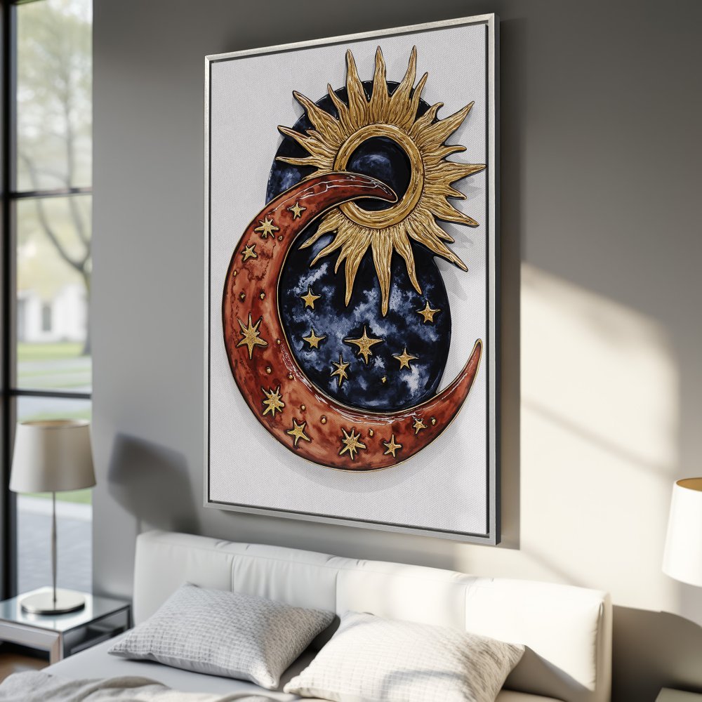 Framed Wall Art: Celestial sun and moon design in gold, red, and blue. Perfect for boho bedrooms! Shop the Canvas Print today.