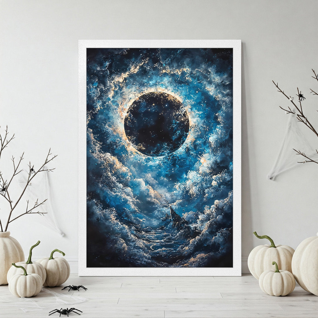 Framed Poster featuring a dark, celestial scene with a blue and gold color palette. Perfect for Halloween decor!