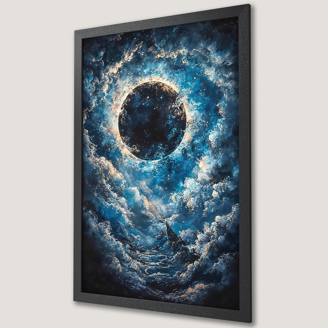 Framed Poster of celestial artwork in blue & gold. Stunning space-themed art print. Perfect for home decor.