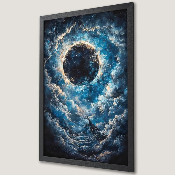 Framed Poster of celestial artwork in blue & gold. Stunning space-themed art print. Perfect for home decor.