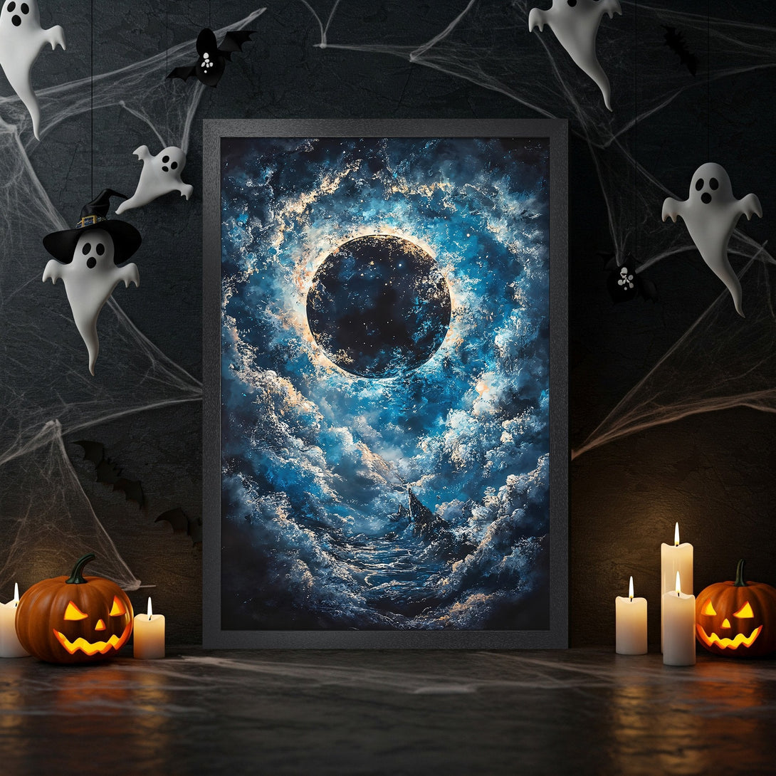 Framed Poster featuring a celestial abstract art print in blue and gold, perfect for Halloween decor.