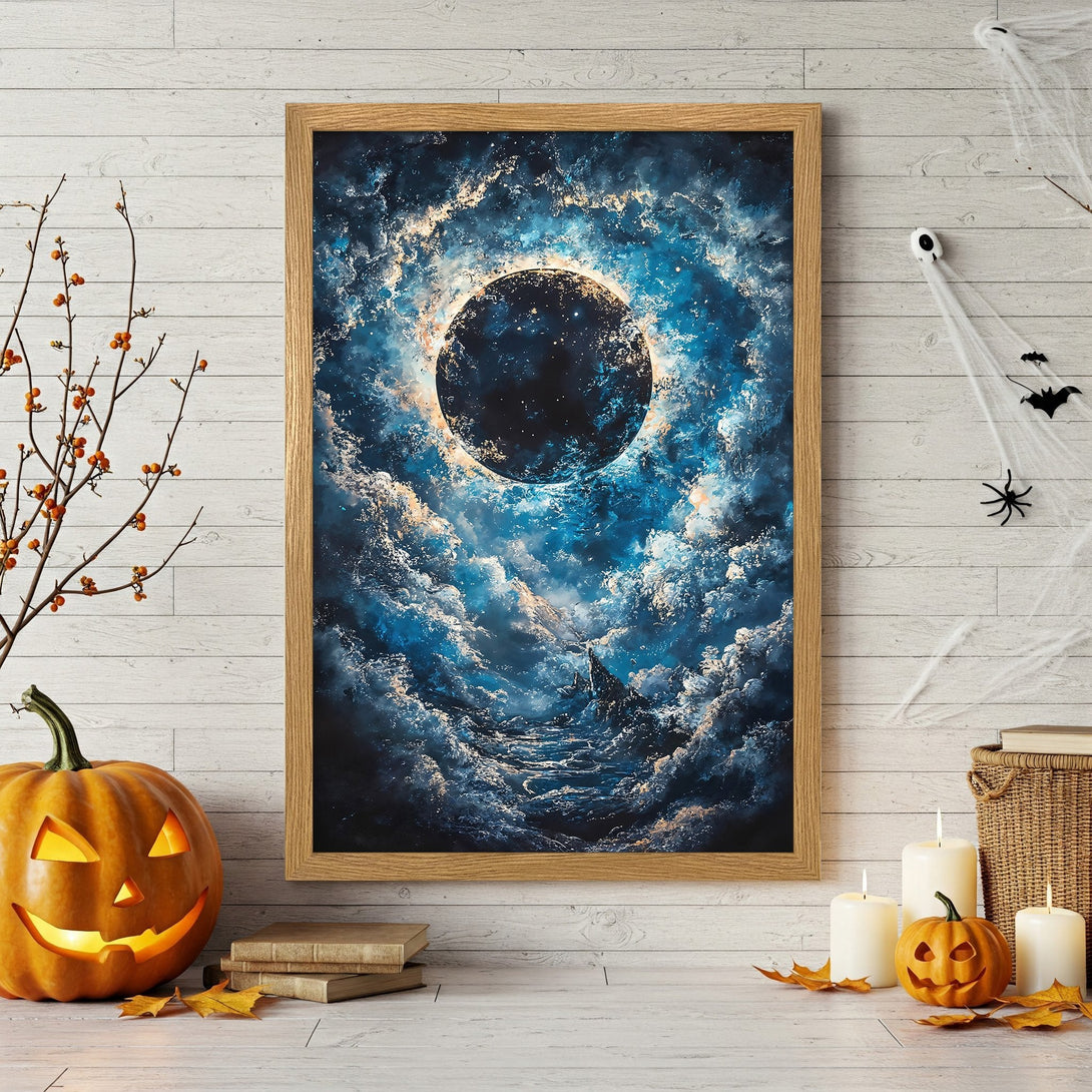 Framed Poster of a celestial eclipse in blue and gold tones. Perfect Halloween decor!