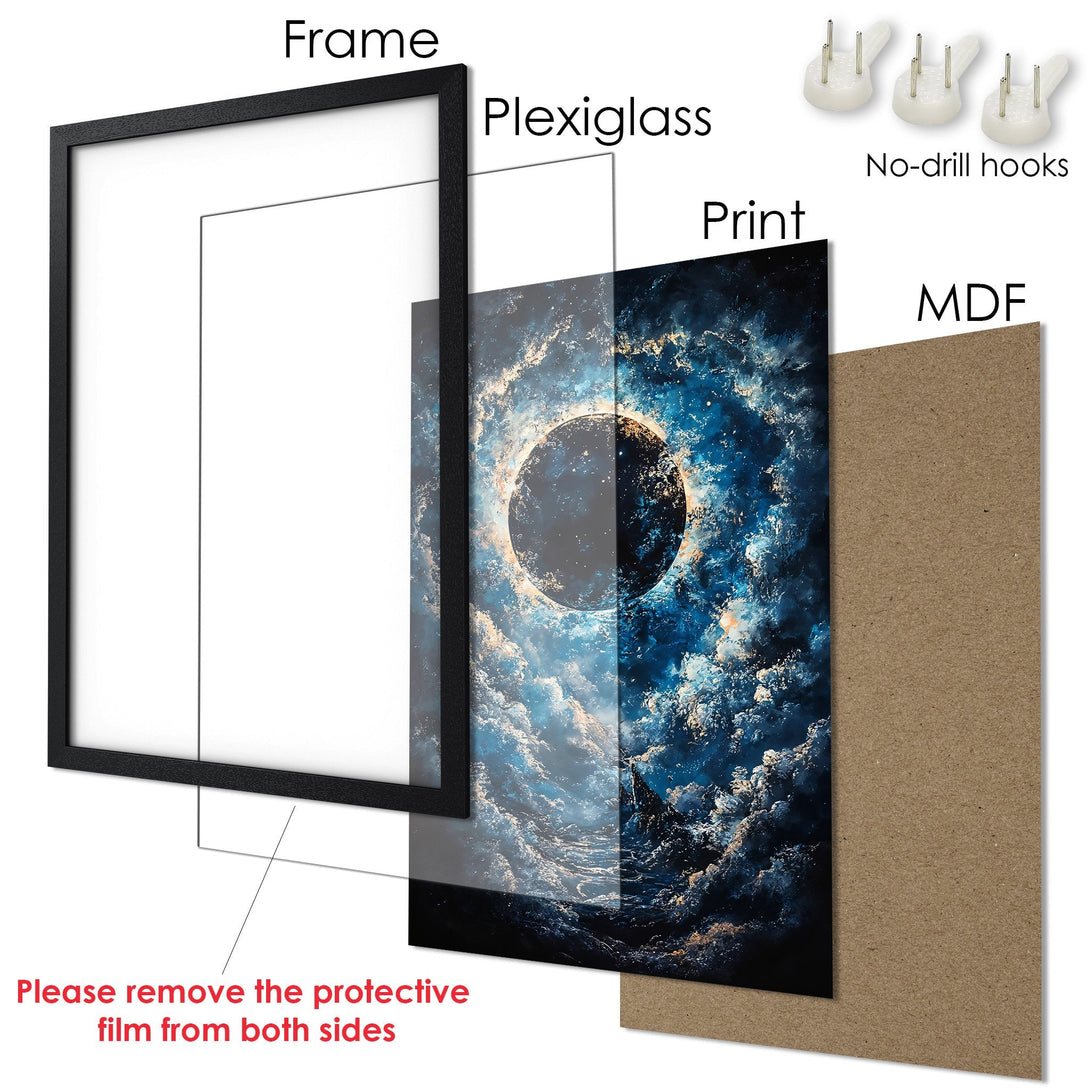 Framed Poster featuring an abstract celestial design in blue and gold tones. Perfect wall art for any space!
