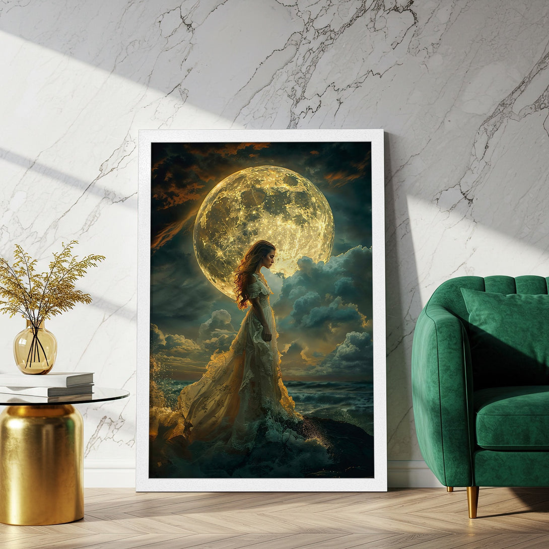 Framed Poster featuring a woman before a giant moon, fantasy art style, with a warm, golden and teal color palette. Enhance your space!