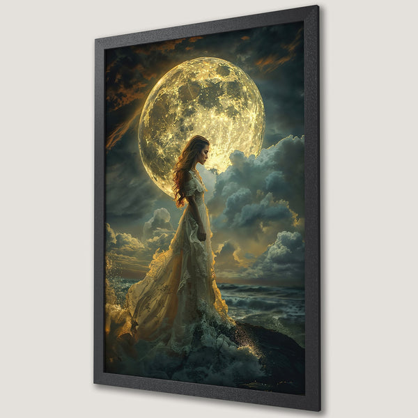 Framed Poster: Woman in a white dress with a moon backdrop. Dreamy art style with a gold and blue color palette. Perfect wall decor.