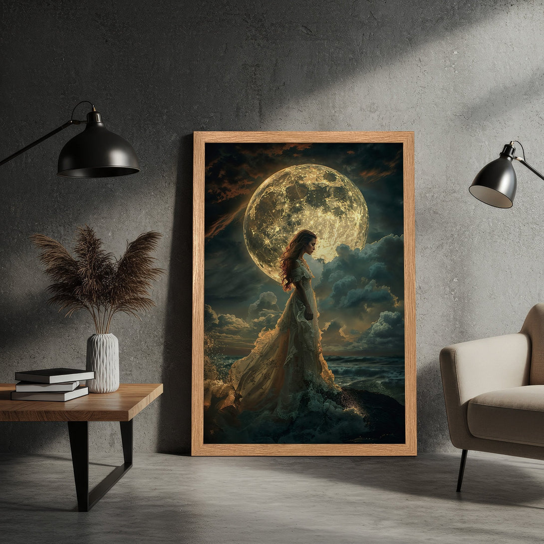Framed Poster: Woman & Moon art print, fantasy style, warm color palette. Perfect wall decor for a dreamy aesthetic. Add this poster to your home!