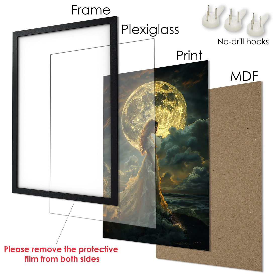 Framed Poster featuring a woman and moon, fantasy art style, with a warm, celestial color palette. Ready to hang!