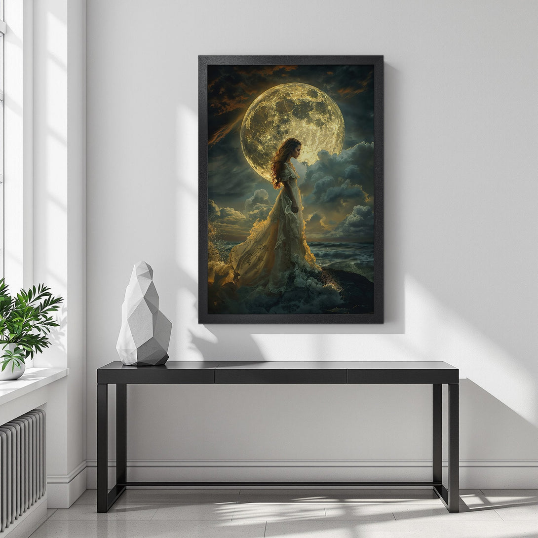 Framed Poster featuring a woman before a moonlit sky, fantasy art style, warm gold & blue tones. Perfect wall decor.