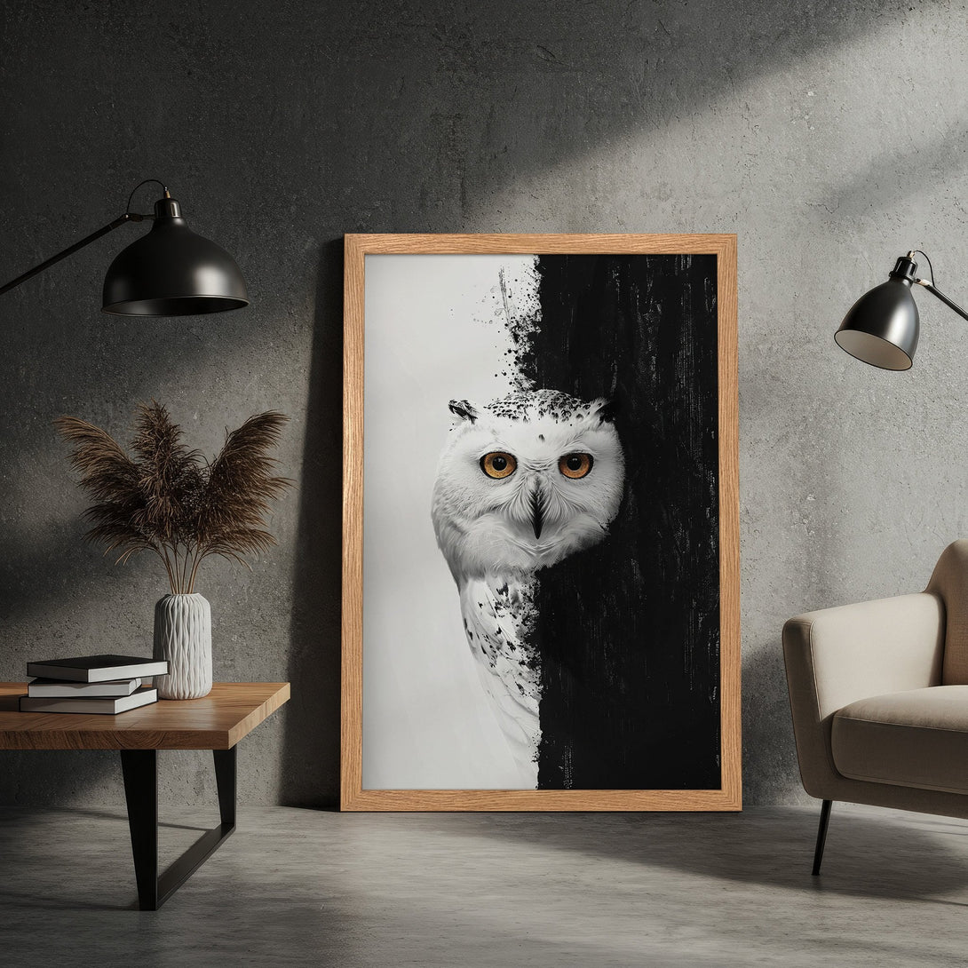 Framed Poster featuring a striking owl in a black and white abstract style. Modern art print with a minimalist color palette. Perfect wall decor!