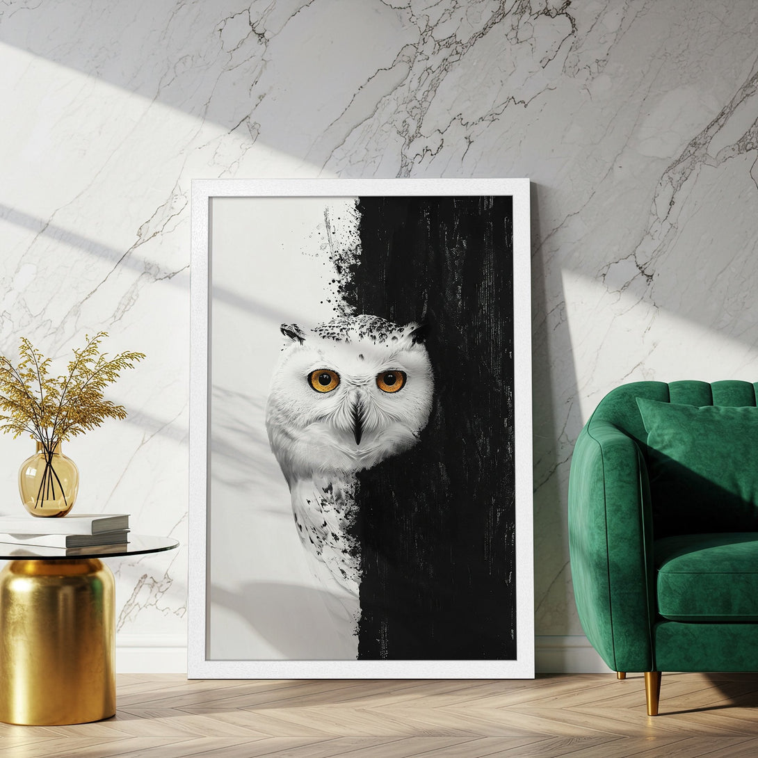 Framed Poster featuring an owl in a modern, black & white abstract style, with a pop of yellow. Perfect wall art!