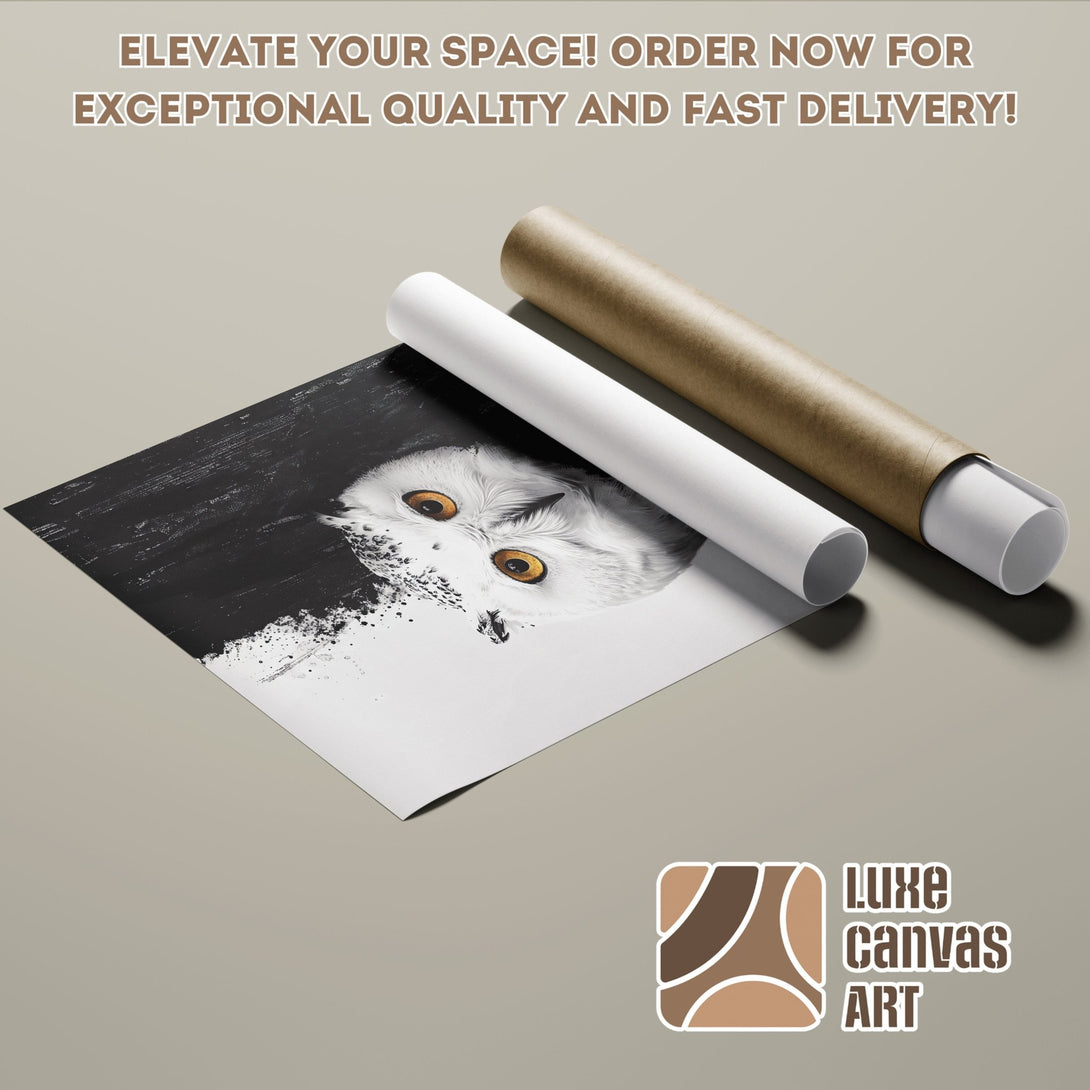 Poster Roll featuring a striking owl artwork in black, white, and gold. Elevate your space with this unique art piece!