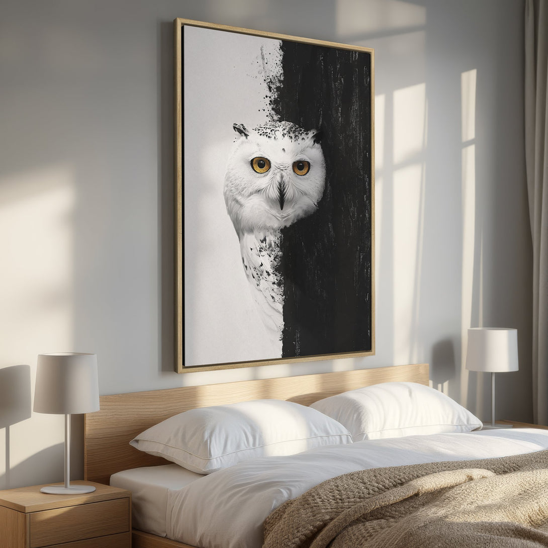 Framed Wall Art of a stunning owl in a black and white abstract style. Perfect for bedroom decor. Modern art with a neutral color palette.