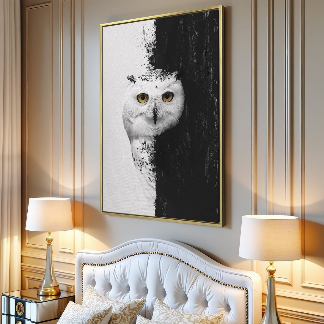 Canvas Print featuring a striking black and white owl artwork. Modern style with a minimalist color palette, perfect for any home decor.