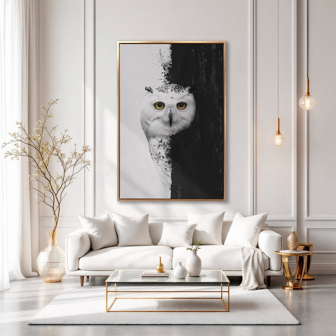 Framed Wall Art: Stunning black and white owl portrait canvas print. Modern art with gold accents in a chic interior setting. Shop now for home decor!
