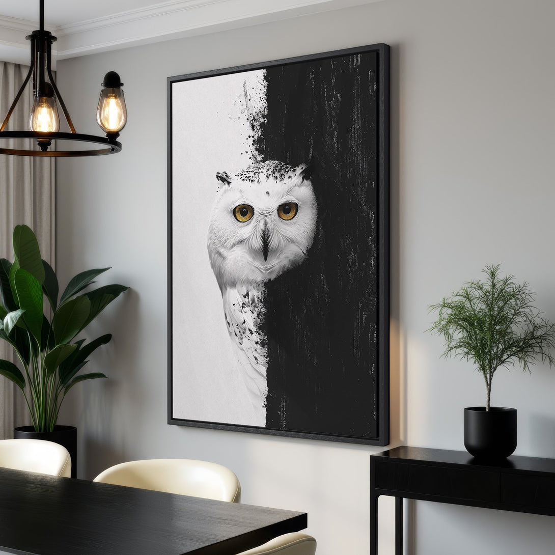 Framed Wall Art: Stunning black and white owl portrait canvas print. Modern abstract style with a minimalist interior design aesthetic. Perfect wall decor!