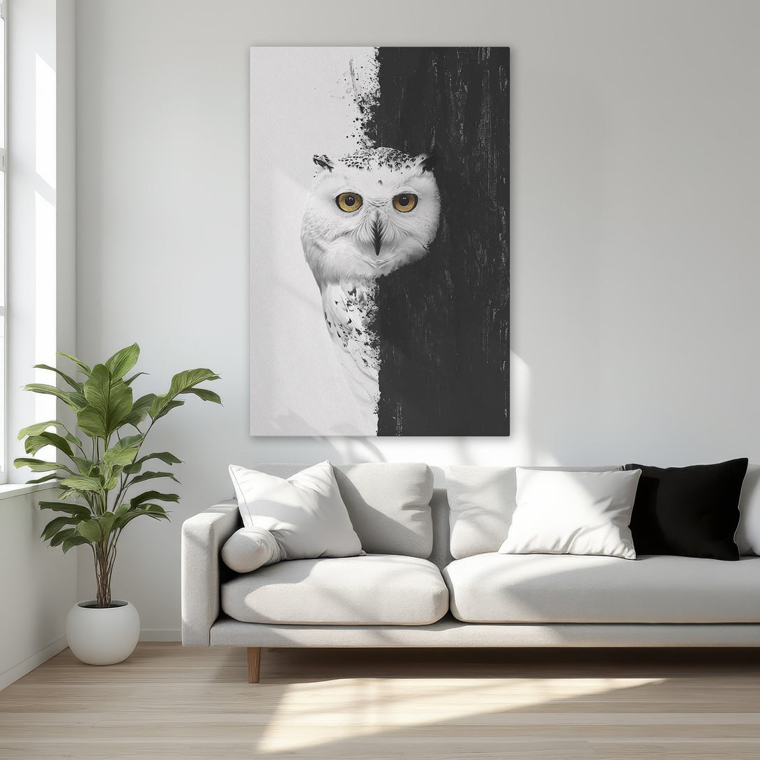 Framed Wall Art featuring a striking owl in a black and white abstract style. Modern art with a luxurious, neutral color palette. Perfect for bedroom decor.