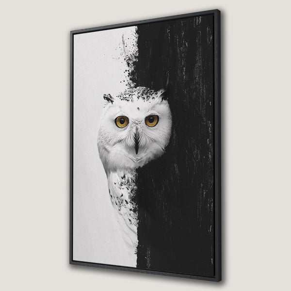 Framed Wall Art featuring a striking owl portrait in a modern, abstract style. The canvas print showcases a dramatic black and white color palette with golden eye details.