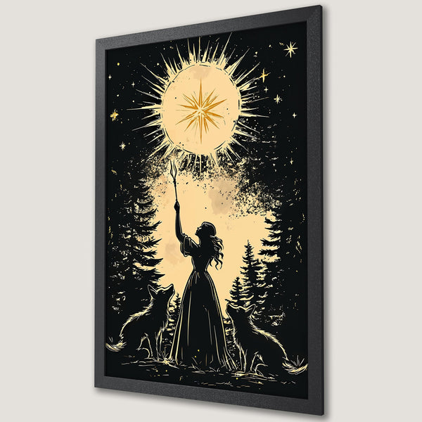 Framed Poster featuring a mystical woman, dogs, and moon in a black and gold ink splatter style. Perfect for adding a touch of magic to your space!