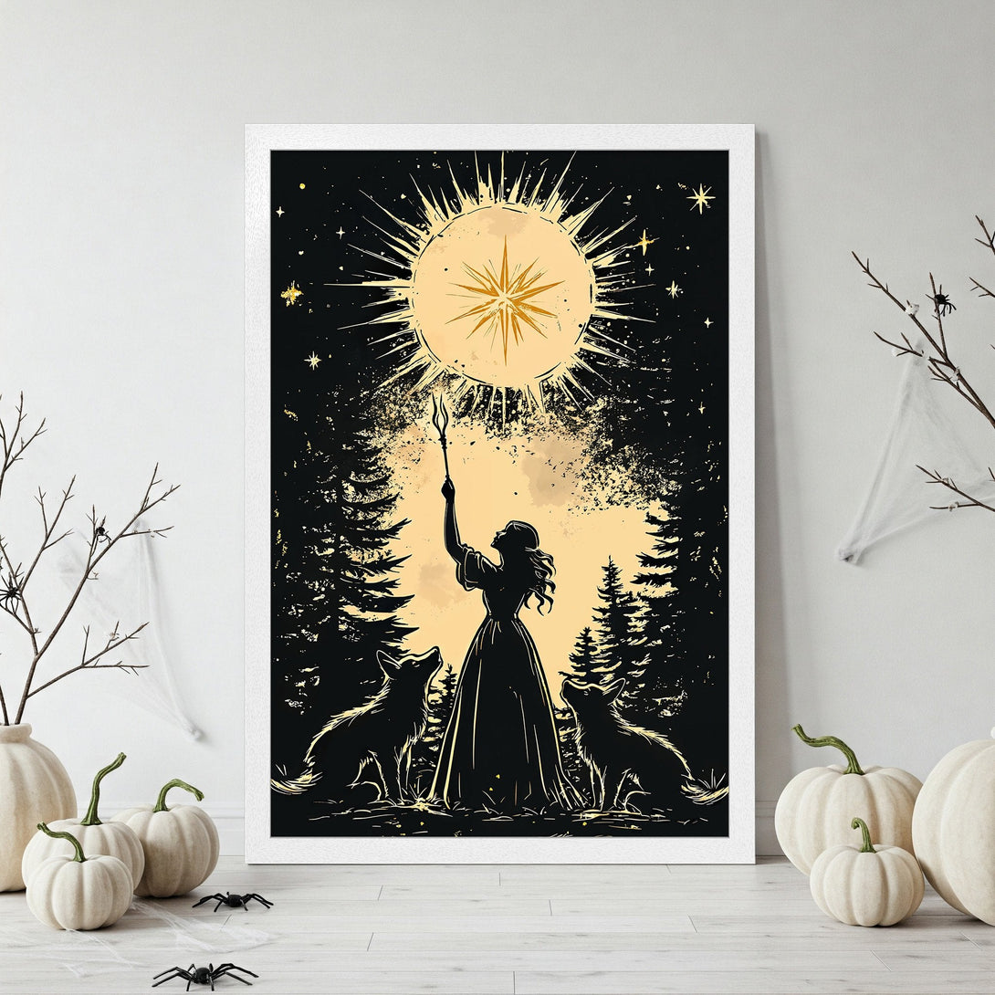 Framed Poster featuring a witch silhouette with dogs, in a black and white style, perfect for Halloween decor.