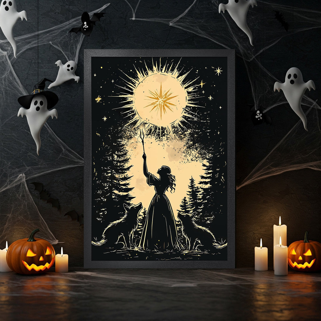 Framed Poster featuring a witch silhouette with dogs, in a black and white splatter art style, perfect for Halloween decor.