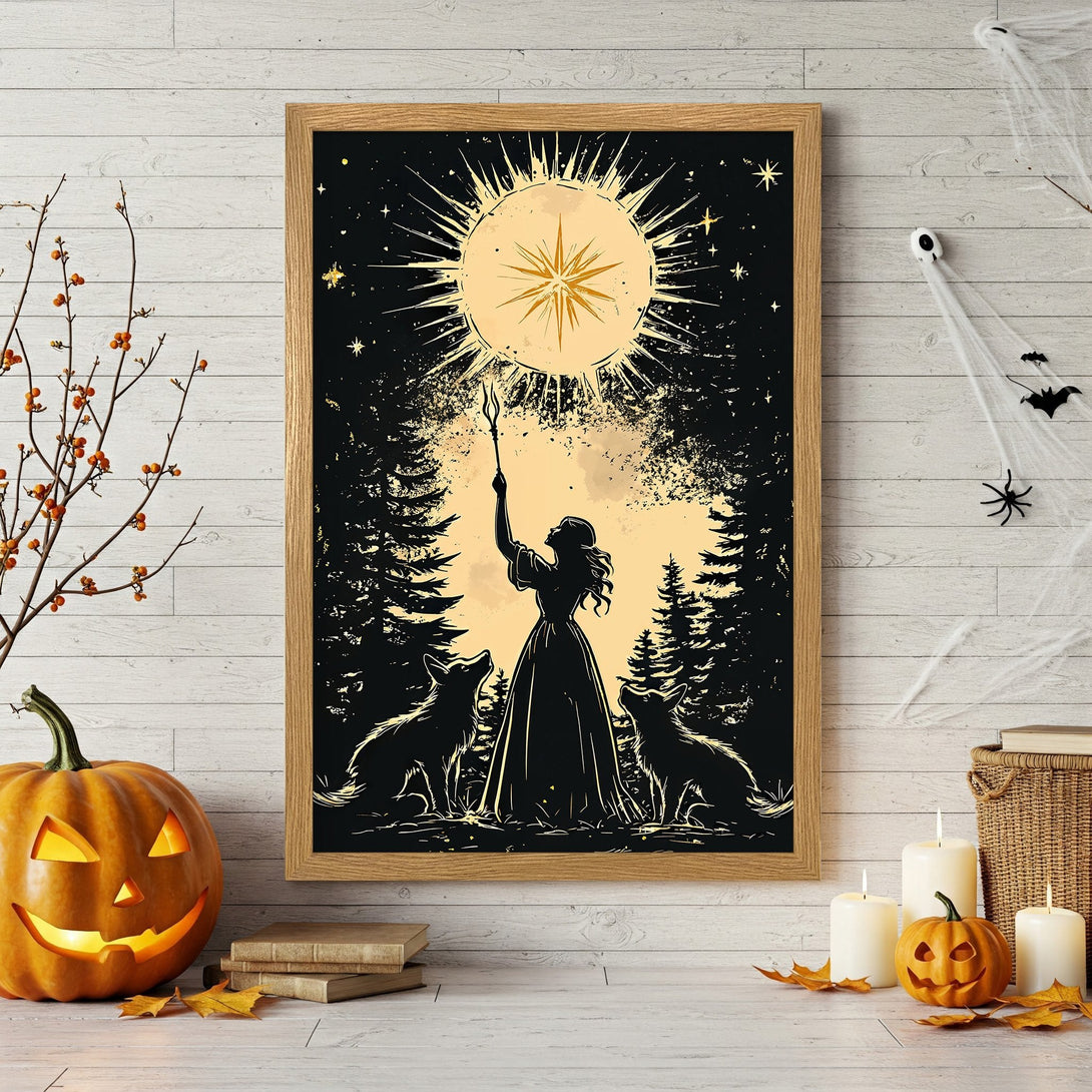 Framed Poster featuring a witch silhouette with dogs, moon, and stars. Black and white art with gold accents, perfect Halloween decor.
