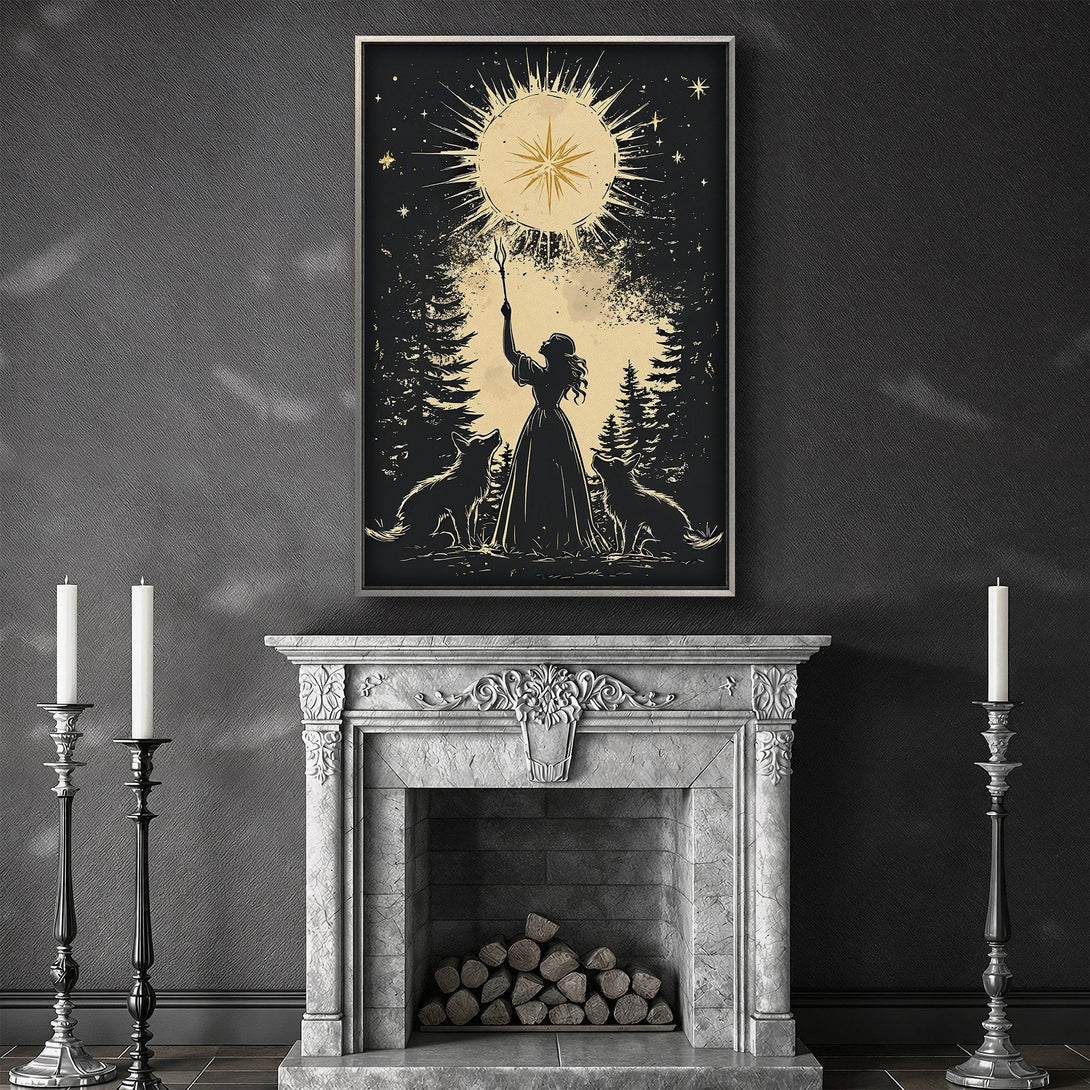Framed Wall Art featuring a mystical woman with wolves under a sun, in a black and gold palette. Perfect for adding a touch of magic to your space.