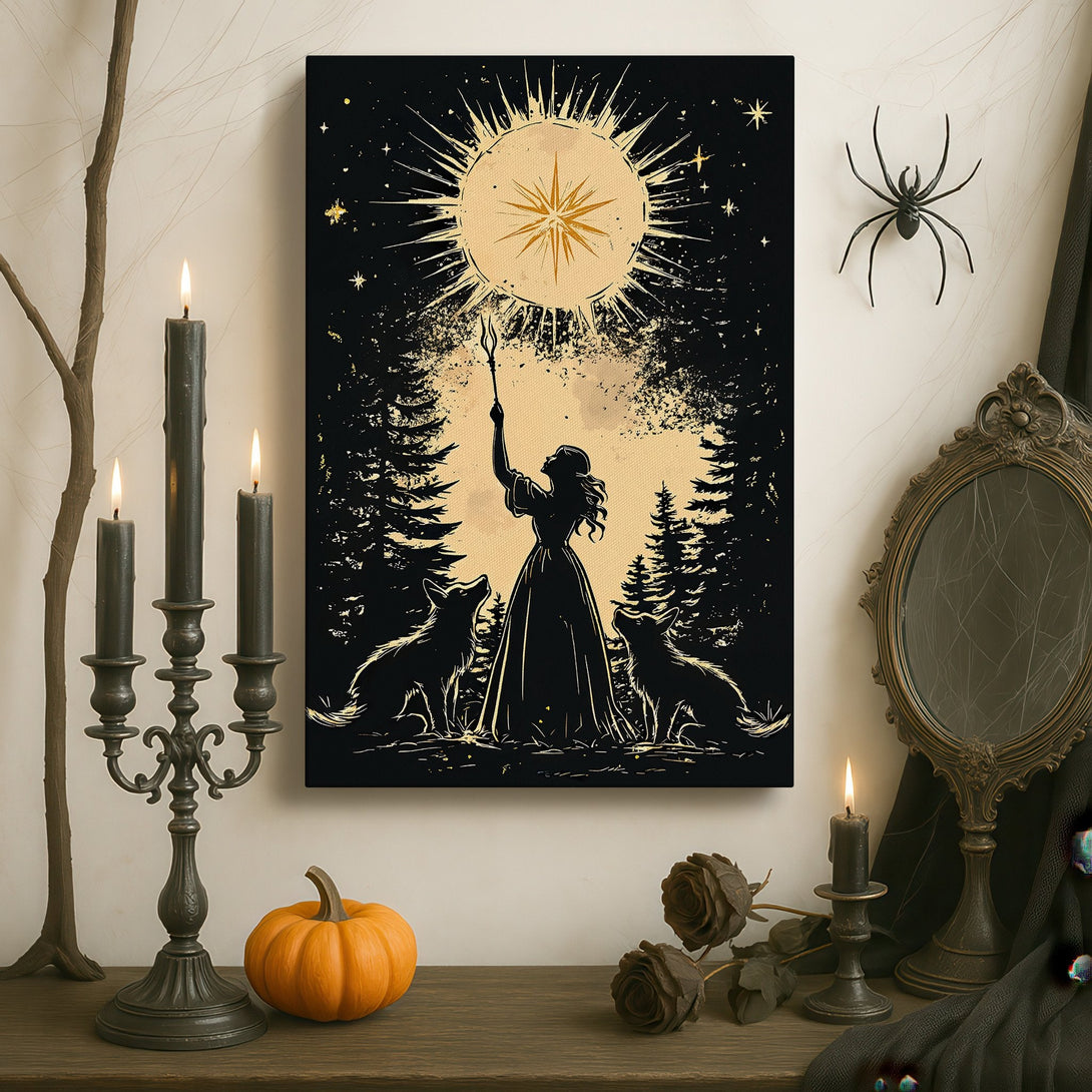 Framed Wall Art: Mystical illustration of a woman, wolves, and sun in a dark, gothic interior. Black, gold, and beige color palette. Perfect for adding a touch of magic.