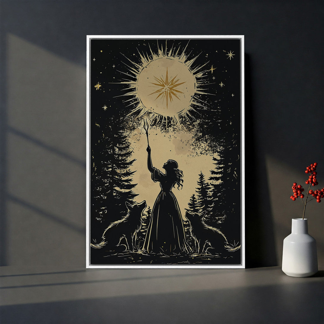 Framed Wall Art: Mystical woman with wolves, holding a torch under a golden sun. Black, gold, and beige color palette. Perfect for a modern, bohemian interior.