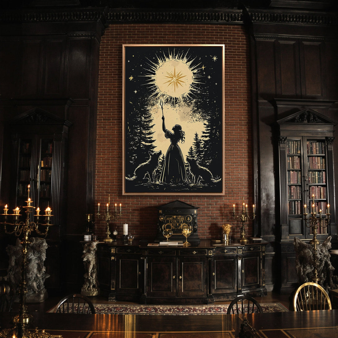 Framed Wall Art featuring a mystical forest scene with a woman and wolves. Black, gold, and beige color palette. Perfect for adding a touch of magic to your space.