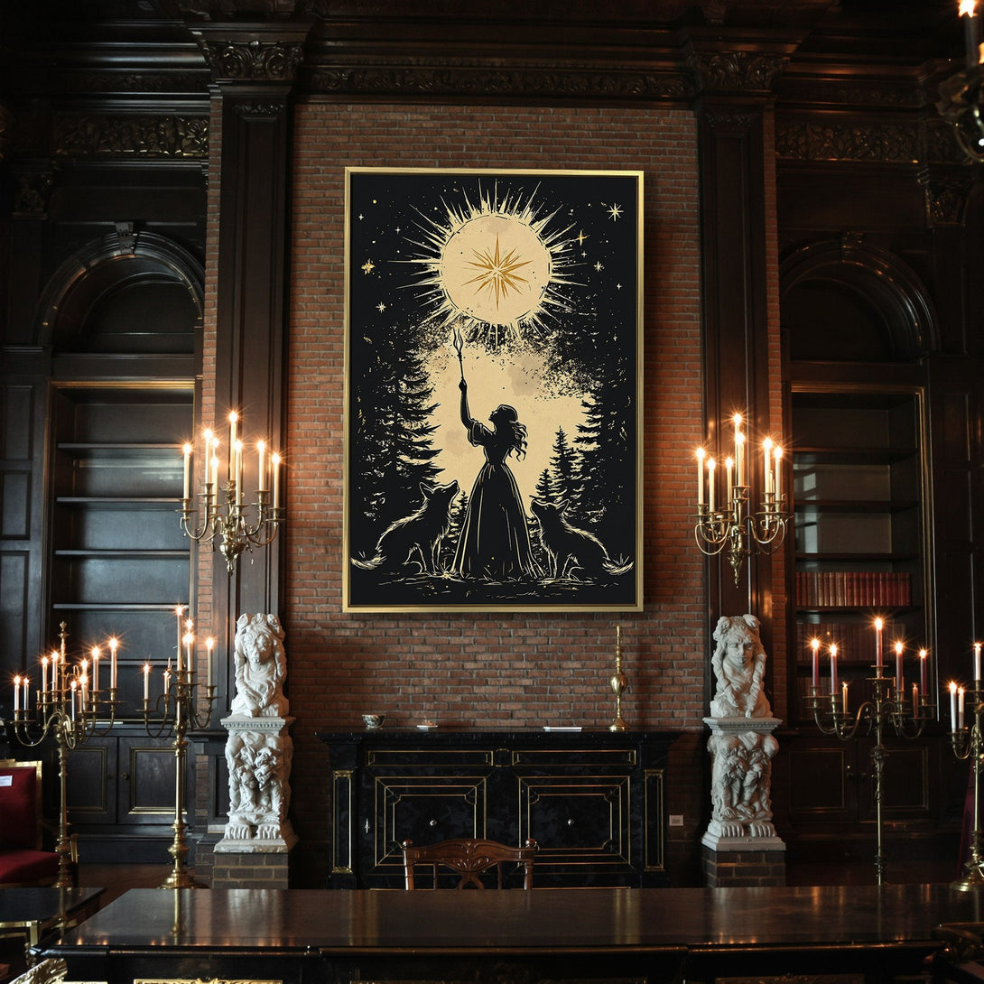Canvas Print: Witchy art with a woman, wolves, and sun in a black & gold color scheme. Perfect for gothic home decor.