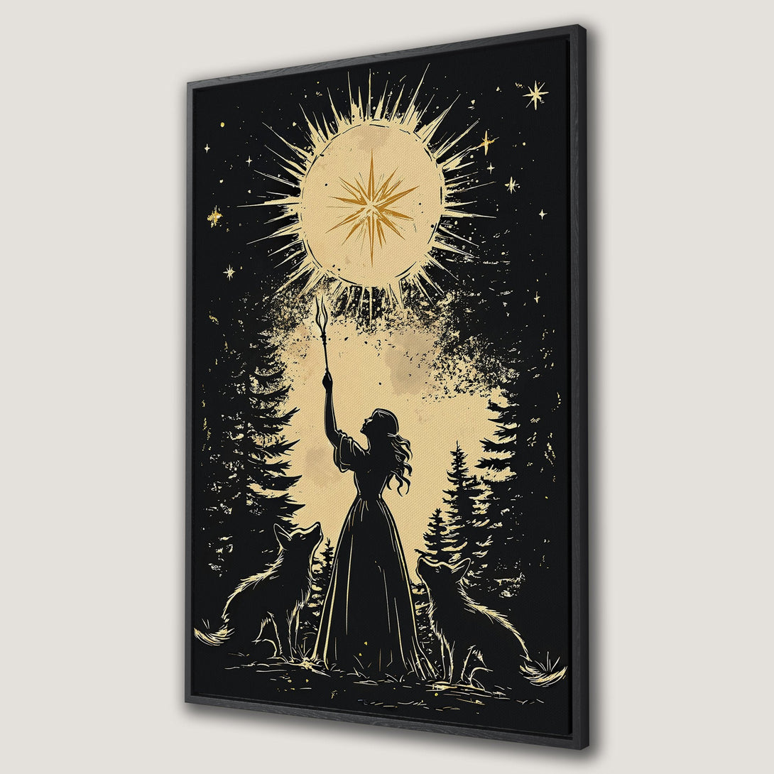 Framed Wall Art: Mystical scene with woman, wolves, and sun in black & gold. Perfect for boho decor, this canvas print adds unique style to any space.