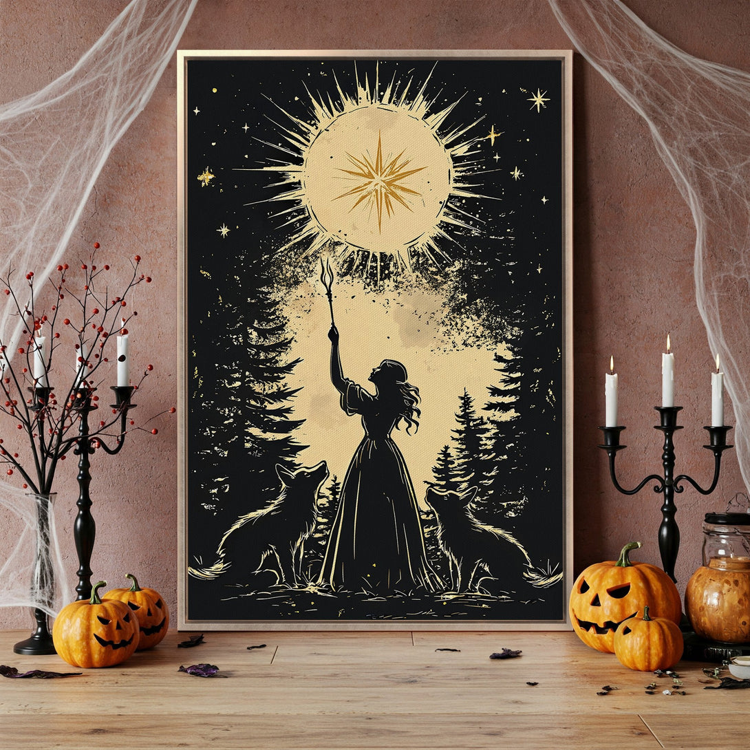 Framed Wall Art: Witchy illustration in gold and black. Perfect for Halloween decor! Adds a mystical touch to any space. Shop now!