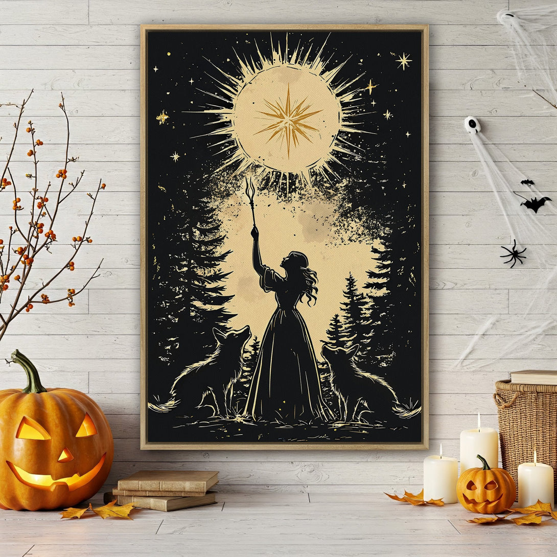 Framed Wall Art: Mystical woman with wolves under a golden sun, black & gold illustration. Perfect Halloween decor! Canvas Print for unique home style.