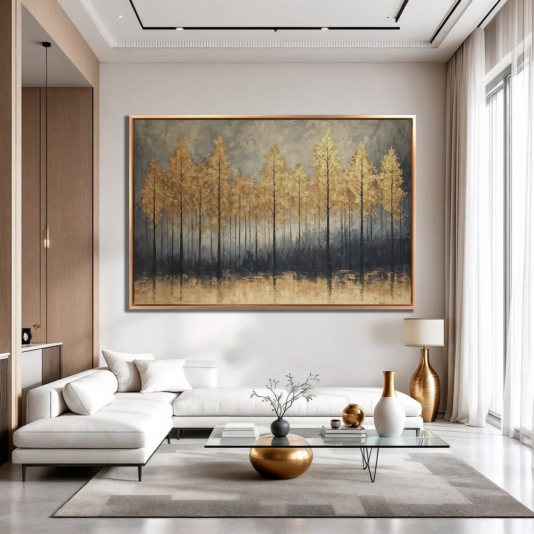 Framed Wall Art: Golden forest landscape canvas print. Modern art with gold, gray, and black color palette. Elevate your home decor!
