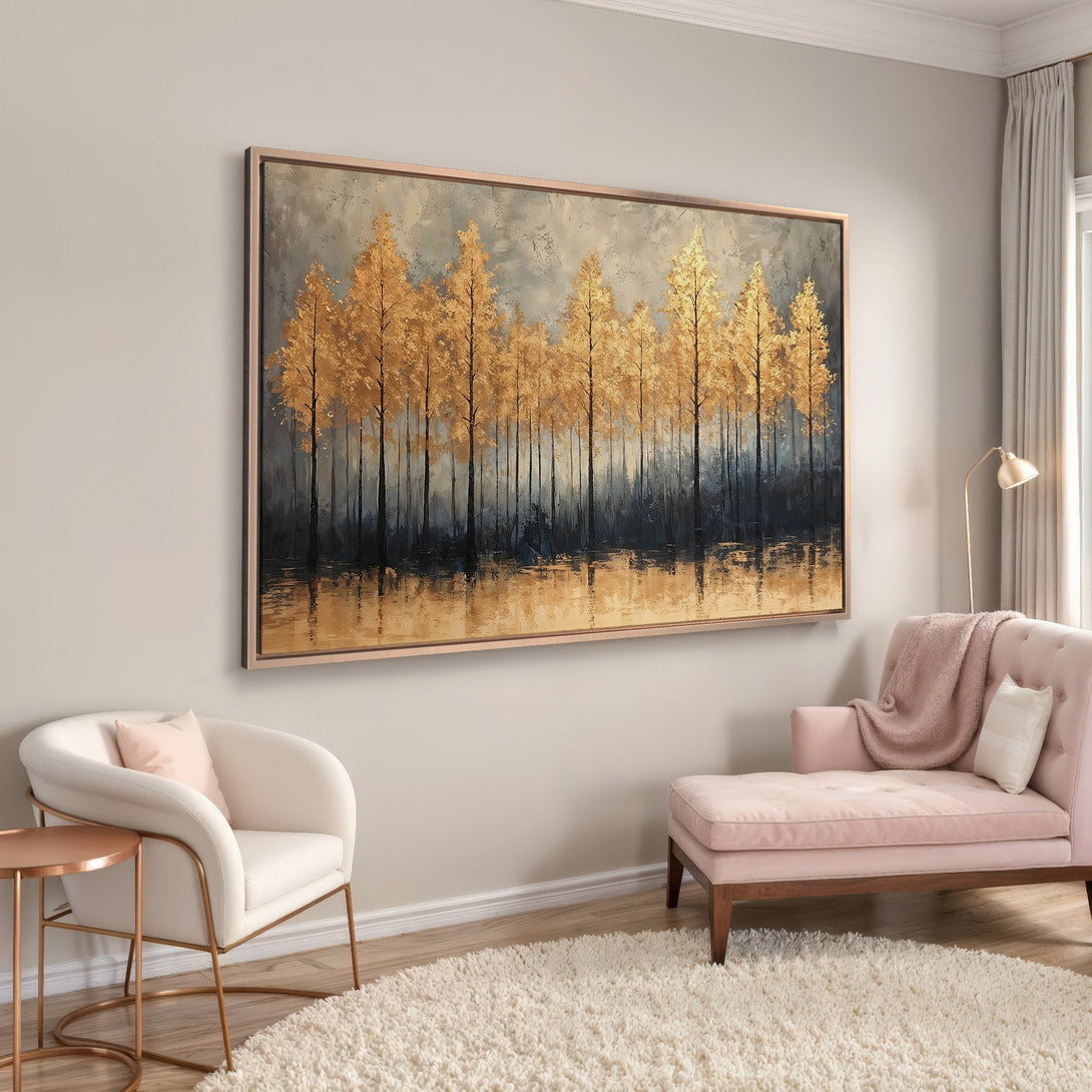 Framed Wall Art featuring a golden forest landscape. Modern style with a warm, neutral color palette, perfect for adding elegance to any space.