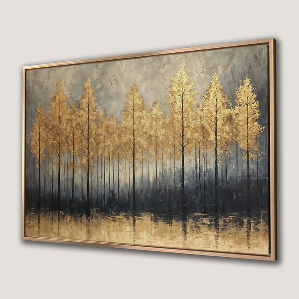 Framed Wall Art: Abstract forest painting in gold and gray tones. Modern canvas print adds elegance to any space. Shop now for stunning wall decor!
