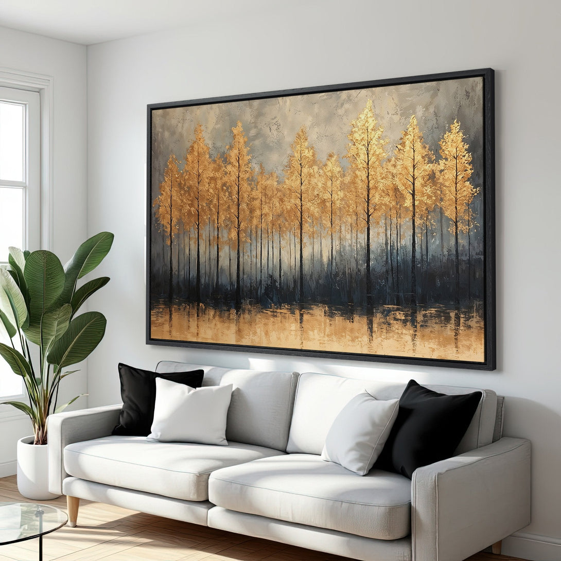 Framed Wall Art: Abstract gold forest painting. Modern art with a warm, neutral color palette. Perfect for living room decor.