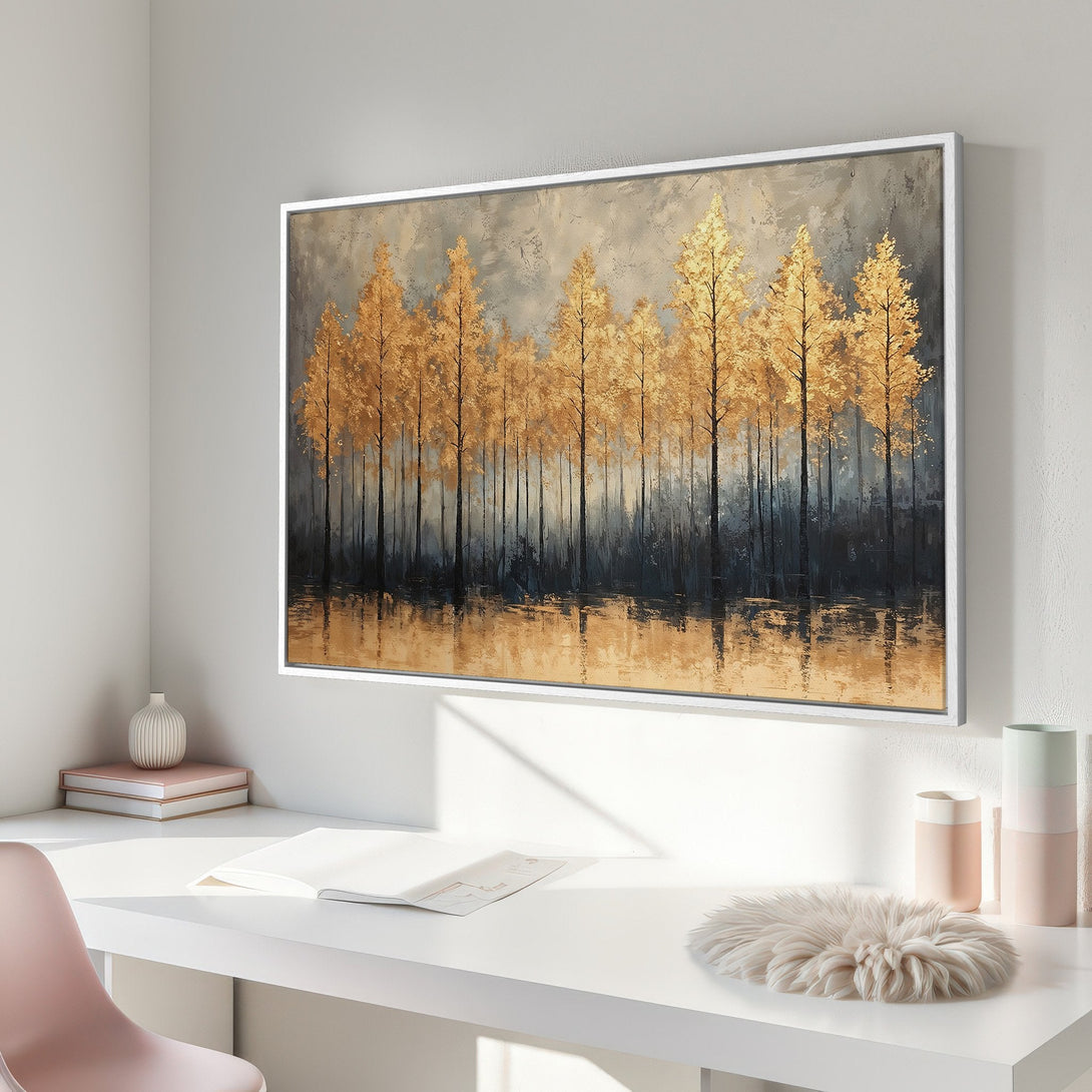 Framed Wall Art: Abstract forest scene in gold and grey tones. Modern canvas print adds warmth and style to any interior.