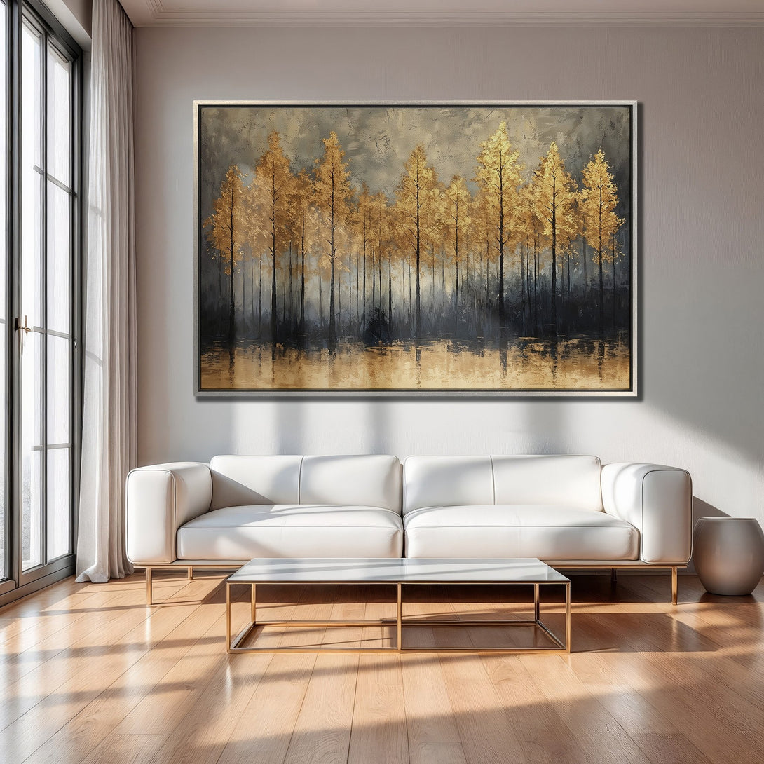 Framed Wall Art of golden trees reflecting in water. Modern abstract style with gold, gray, and black color palette. Perfect for living room decor.