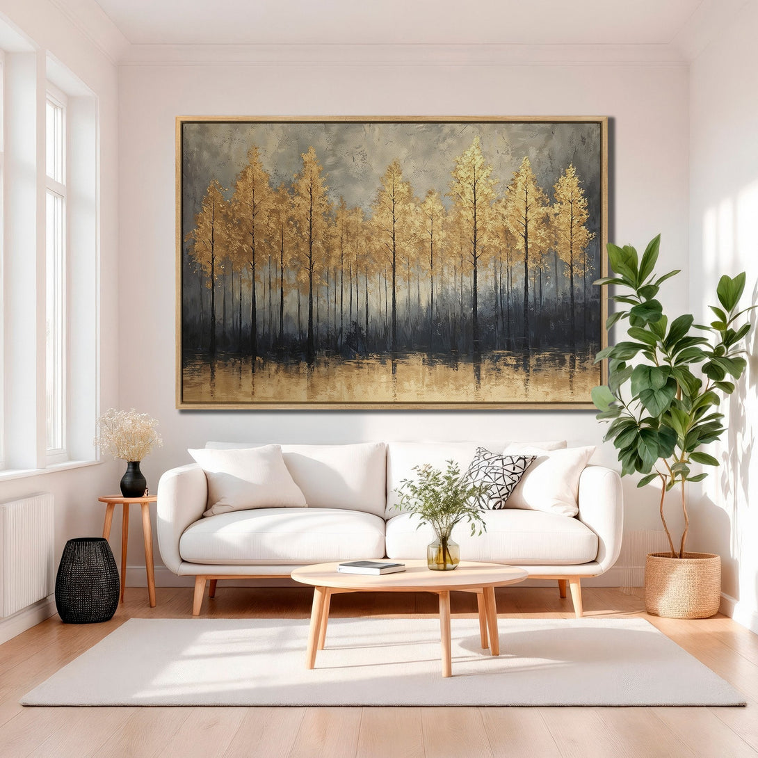 Framed Wall Art of golden trees in a serene forest scene. Modern abstract art with a neutral and gold color palette, perfect for living room decor.