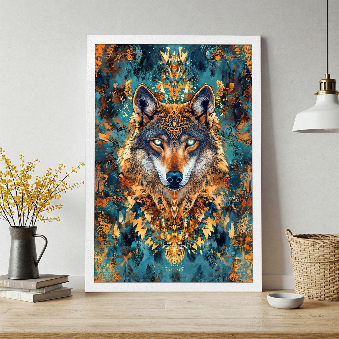 Framed Poster featuring a majestic wolf in an abstract style with a teal and orange color palette. Perfect wall art!