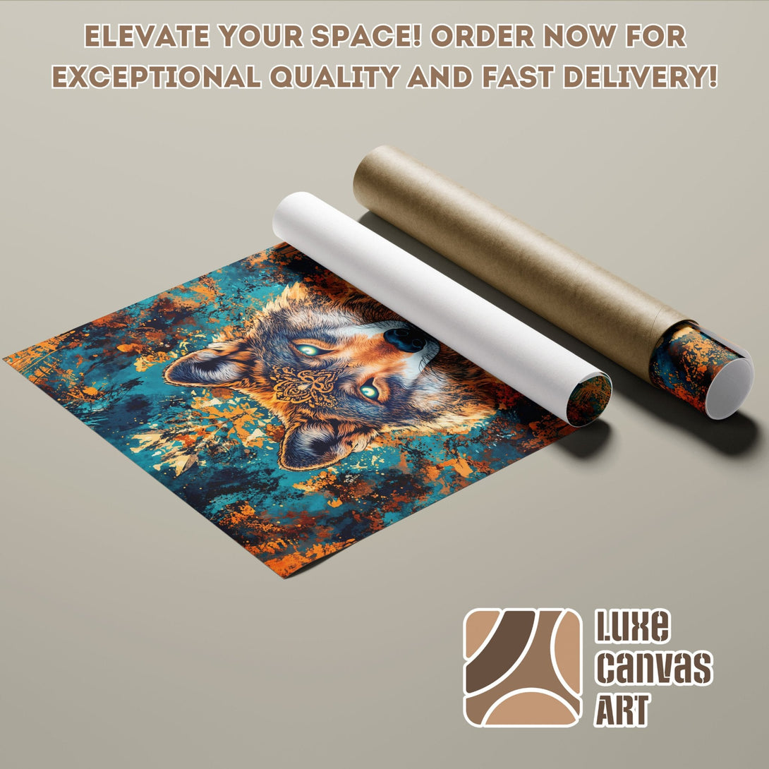 Poster Roll featuring a vibrant wolf art print in teal and orange hues. Elevate your space with this stunning artwork!